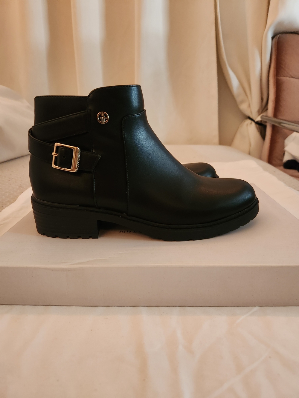 Giani Bernini Black Ankle Booties with Gold Buckle Accent